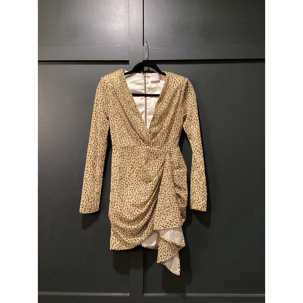 Miss Circle Asymmetrical Leopard Metallic Mini Long Sleeve V Neck Ruched Dress S